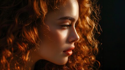 Beautiful woman in profile with long and shiny wavy hair . Beauty model girl with curly hairstyle . Fashion, cosmetics and makeup. 