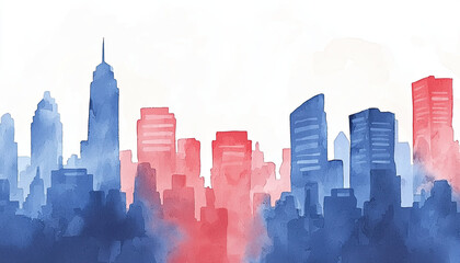 Red and blue campaign banners, cityscape backdrop, Watercolor style
