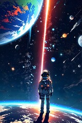 Fototapeta premium Anime-Style Spaceman and Planet