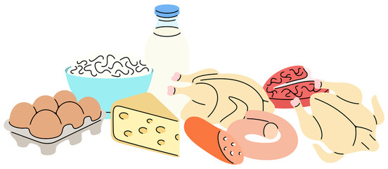 Dairy and meat products. Food, meal, meat and grocery, illustration