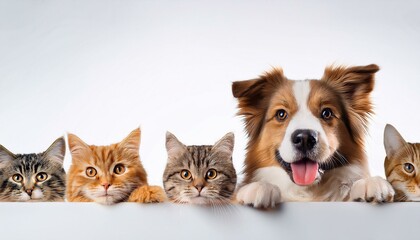 Fototapeta premium 白い台の向こうから覗いている子犬と猫（Dog and Cat above white banner） 