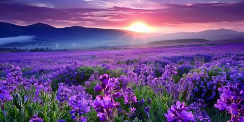 Fototapeta premium Lavender field at sunrise with purple flowers stretching towards the horizon. Ideal for serene and nature-inspired designs.