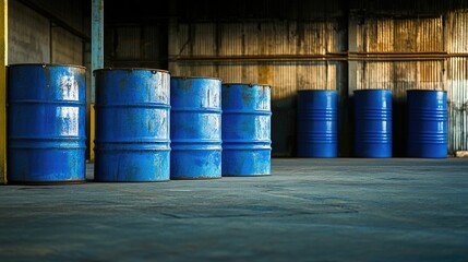 Blue oil barrels lined up in a dimly lit warehouse, creating a dramatic industrial atmosphere with space for text.