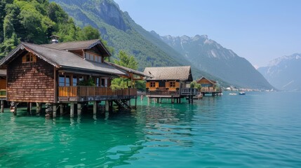 Naklejka premium Wooden houses on stilts by a crystal-clear lake surrounded by green mountains. Perfect for summer retreats.
