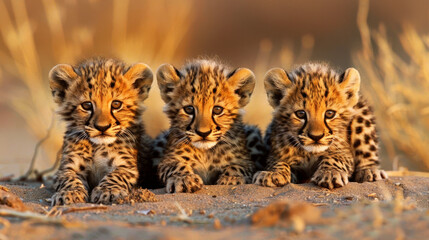 Naklejka premium Three adorable cheetah cubs lying on the sandy ground at golden hour. Ideal for wildlife and nature-themed projects.