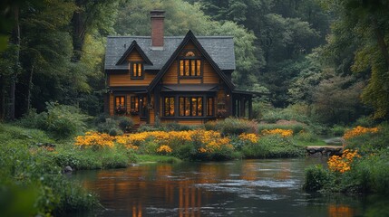 Obraz premium A cozy house surrounded by nature and vibrant flowers by a stream.