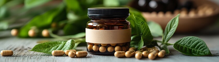 Soy-based Vegan Vitamin Supplements in Open Bottle with Natural Leaves and Soybeans