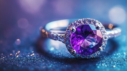 Fototapeta premium Close-up low-angle shot of a dazzling amethyst ring, enhanced by ethereal light, showcasing its luxurious and mystical qualities.