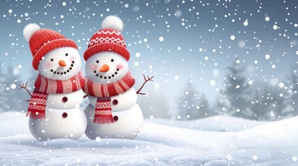 Obraz premium Two Adorable Snowmen in Winter Wonderland, Festive Christmas Scene with Falling Snow.