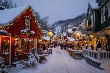 Obraz premium Snow-covered Christmas market street in a picturesque village, illuminated by warm festive lights. Ideal for holiday cards or winter promotions.