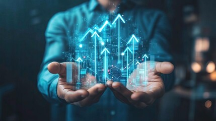 A businessman holds digital growth charts, symbolizing financial success and future profit in the technology-driven market.