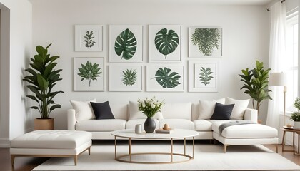 A modern living room with a large white framed wall art, a white sectional sofa, and various decorative elements such as plants.