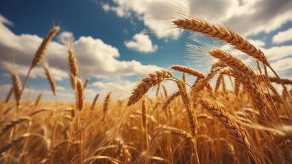 Golden Wheat Stalks in a Field Under a Blue Sky