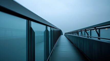 Obraz premium Close-up of a contemporary bridge handrail with integrated LED lighting, set against a blank, overcast sky