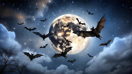 Naklejka premium Silhouetted bats flying across glowing full moon in starry night sky