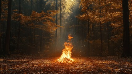 Burning autumn bonfires illuminate the tranquil forest landscape. Generation Ai