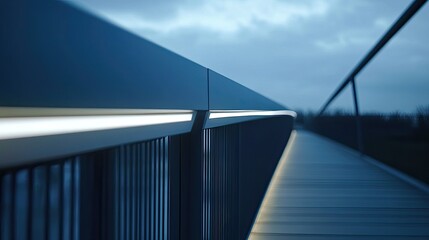 Close-up of a contemporary bridge handrail with integrated LED lighting, set against a blank, overcast sky