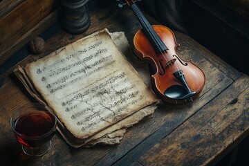 Fototapeta premium Antique Violin, Music Sheet, and Wine Glass on Rustic Wooden Table