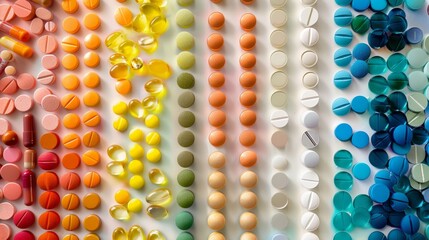 Rainbow assortment of pills and capsules, illustrating the range, diversity, and innovation in pharmaceutical science and healthcare