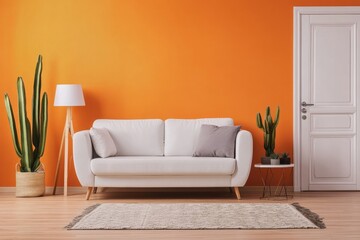 Fototapeta premium Modern living room with orange walls, white sofa, lamp, plants, and rug.