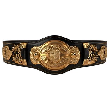 recommend clip art: Striking 3D render of a stylized gold wrestling championship belt design featuring intricate detailing and a glossy metallic finish isolated on a clean white background