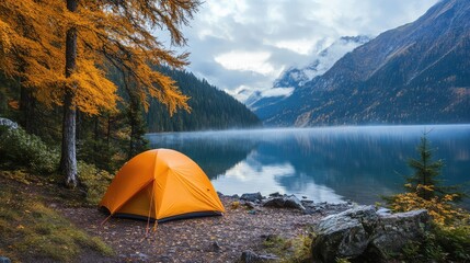 Camping tent on mountain lake in autumn morning. Generation Ai