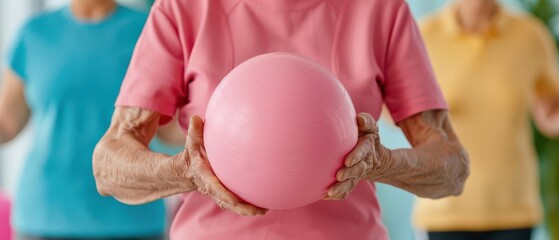 Elderly person participating in a group exercise class with peers, guided by a caregiver, Elderly care, Social engagement