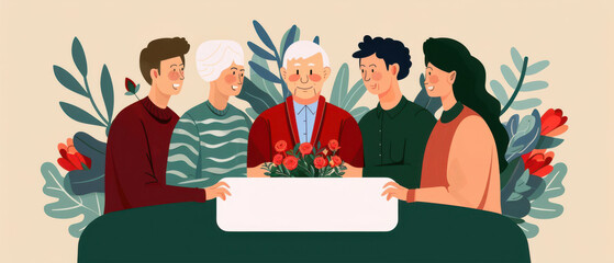 Elderly person surrounded by family members, celebrating a special occasion, Elderly care, Family support