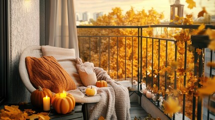 Cozy autumn balcony decoration, warm autumn urban balcony decoration with chairs and cushions, pumpkins, yellow leaves and candles. Generation Ai