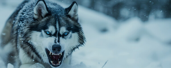 Fierce Husky Growling in Snow Covered Arctic Landscape
