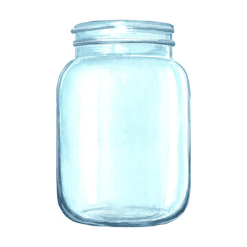 recommend clip art: Glass empty jar. Vase transparent for flowers. Hand drawn watercolor illustration isolated of background. Bottle, vessel for liquid or medicine. Kitchen utensil. Clip art for card, cosmetic, printing.