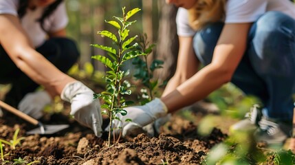Fototapeta premium Two individuals planting a small tree in a forested area, promoting environmental sustainability.