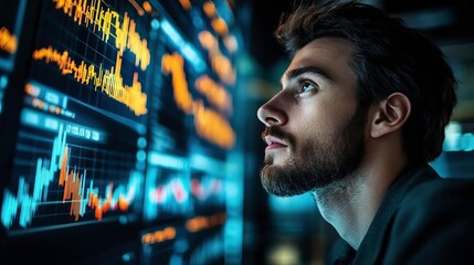 A focused man analyzing data trends on a digital interface, showcasing the blend of technology and finance.