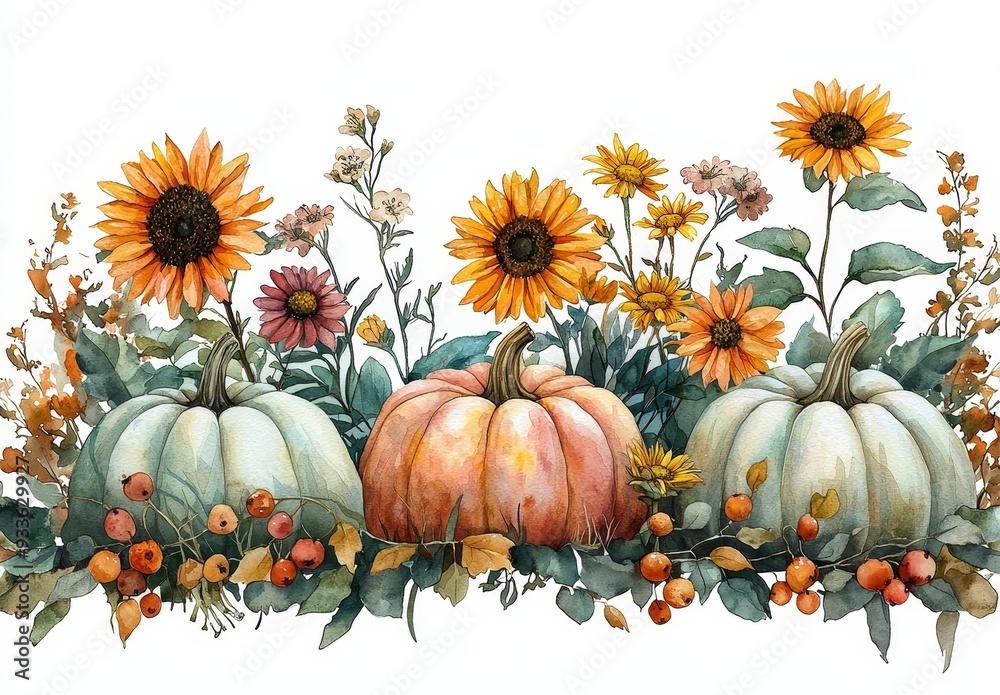 Canvas Prints A watercolor white pumpkin autumn background with a sunflower bouquet, autumn arrangement, rustic farmhouse decor for fall, Harvest Thanksgiving postcard on white background