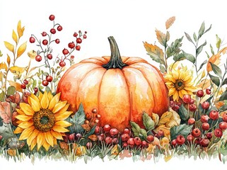 Harvest Thanksgiving postcard with orange pumpkin autumn background and sunflower bouquet,Farmhouse rustic fall decor, Harvest Thanksgiving postcard in color isolated on white background
