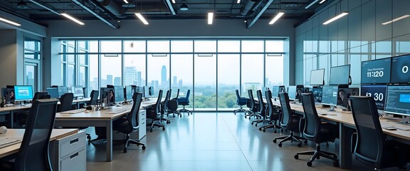 Modern Workspace Sleek Design with Glass Walls and Tech