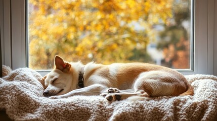Dreamy dog sleeps on cozy warm window in autumn weather, hygge concept. Generation Ai