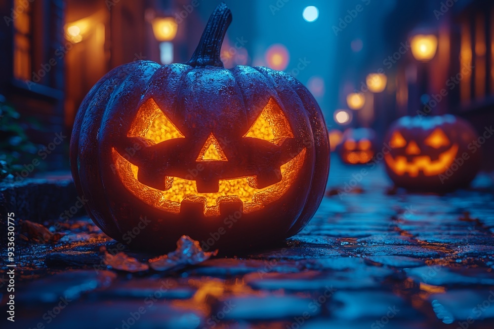 Sticker Decorations of glowing pumpkins in a city for Halloween. Background with selective focus.