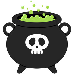 black witch’ s cauldron with green potion with skull sign illustration 