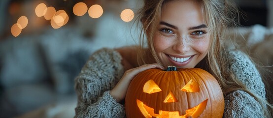 A smiling Caucasian woman shares a drawing of a Halloween pumpkin on social media