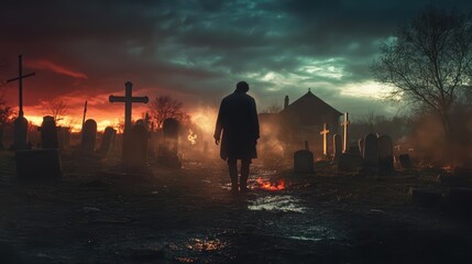 Fototapeta premium Silhouette of a man walking through a cemetery at dusk, with dramatic clouds and cross.