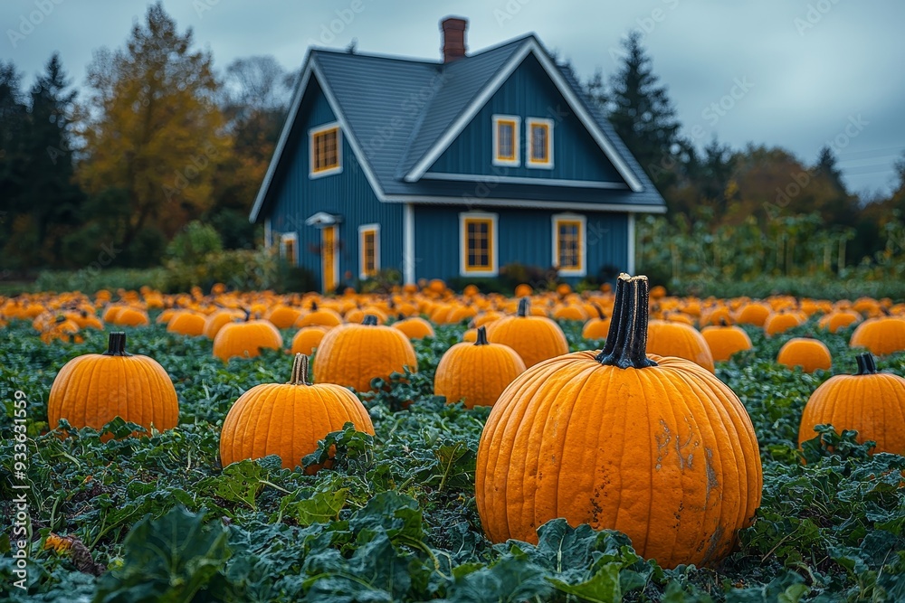 Poster Pumpkins in the garden. Halloween concept with selective focus and copy space.