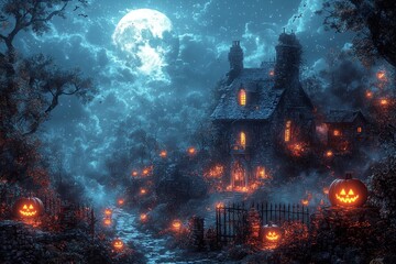Halloween haunted house with lights and scary pumpkins