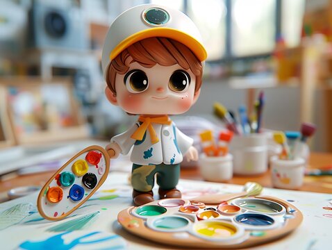 Adorable clay kid boy in a painter suit with a paint palette, full body, facing front, very small dot black eyes style, color 3D clay icon, Blender 3D, isolated white background, kawaii, not Z-depth