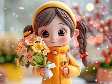 Adorable clay kid girl in a florist suit with a bouquet, full body, facing front, very small dot black eyes style, color 3D clay icon, Blender 3D, isolated white background, kawaii, not Z-depth