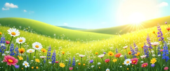 Spring Meadow Blooming Wildflowers and Rolling Hills