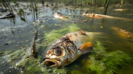 Polluted Lake with Lifeless Fish Floating Amidst Algae Blooms and Chemical Runoff A disturbing image showcasing the devastating impact of pollution on a once thriving aquatic ecosystem