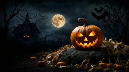 Fototapeta premium Halloween pumpkin head jack o lantern on cobble stone with dark spooky forest and moon background