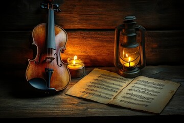 Violin, Sheet Music, Lantern, and Candle on a Wooden Table