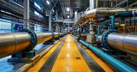 A clear and comprehensive view of a meticulously organized industrial pipeline system in a modern facility setup